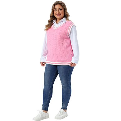 Women's Plus Size Sweater Vest V Neck Sleeveless Preppy Style Cable Knit Pullover Tank Tops