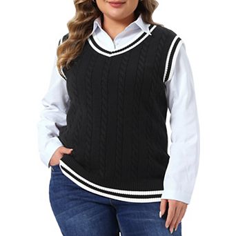 Women's Plus Size Sweater Vest V Neck Sleeveless Preppy Style Cable Knit Pullover Tank Tops