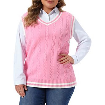 Women's Plus Size Sweater Vest V Neck Sleeveless Preppy Style Cable Knit Pullover Tank Tops