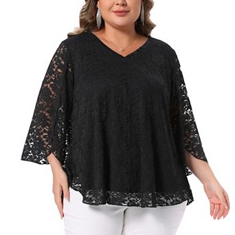 Women's Plus Size Lace Top Double Layers V-Neck 3/4 Bell Sleeve Blouse Flowy Dressy Tunics Tops
