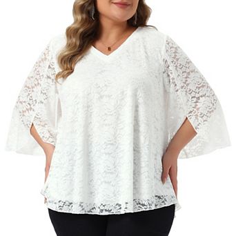 Women's Plus Size Lace Top Double Layers V-Neck 3/4 Bell Sleeve Blouse Flowy Dressy Tunics Tops