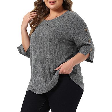 Women's Plus Size Tops Crew Neck Slit 3/4 Sleeve Button Knit Blouses