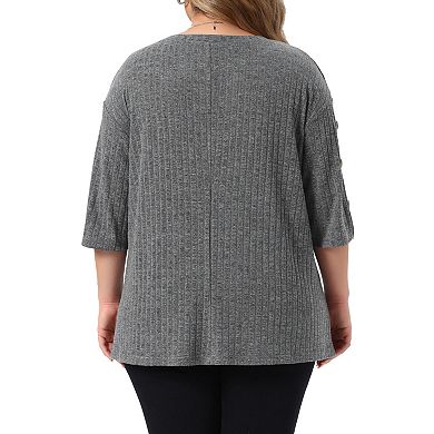 Women's Plus Size Tops Crew Neck Slit 3/4 Sleeve Button Knit Blouses
