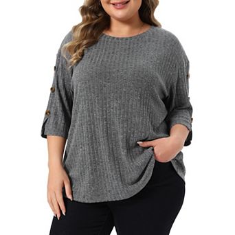 Women's Plus Size Tops Crew Neck Slit 3/4 Sleeve Button Knit Blouses