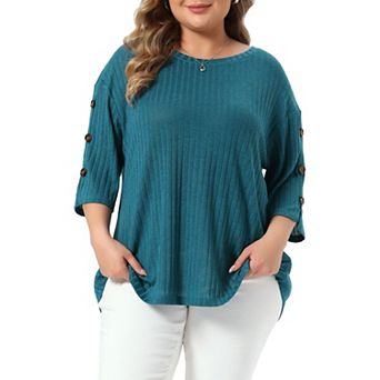 Women's Plus Size Tops Crew Neck Slit 3/4 Sleeve Button Knit Blouses