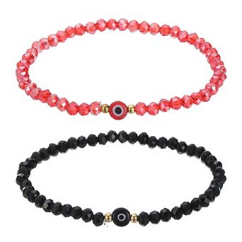 2 pc Turkish Evil Eye Bracelets, Good Luck Protection Crystal Bead Stackable Stretch Bracelets