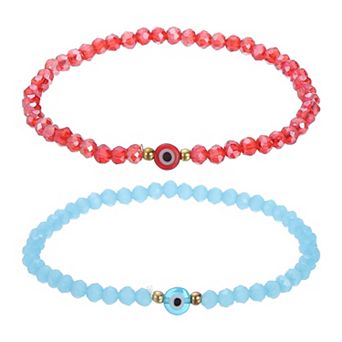 2 pc Turkish Evil Eye Bracelets, Good Luck Protection Crystal Bead Stackable Stretch Bracelets
