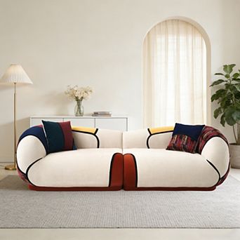 102-inch curved chenille sofa, modern 4-seat design with bohemian style pillows, no assembly require