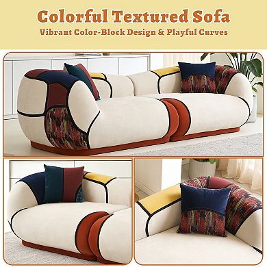 102-inch curved chenille sofa, modern 4-seat design with bohemian style pillows, no assembly require