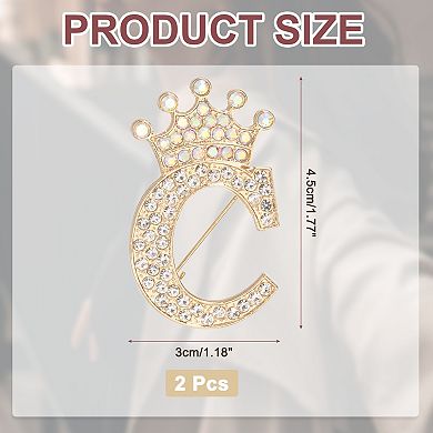 2Pcs Letter Brooch Pins, Crown Initial Rhinestone Alphabet Lapel Badges Pin for Clothes Craft