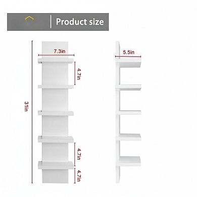 5 Tier White Vertical Floating Wall Shelf Narrow Decorative Mount Modern Decor Shelves