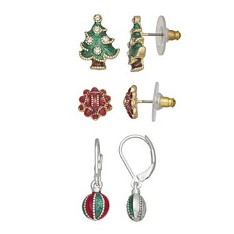 Napier 3-Pair Christmas Tree, Gift Bow & Ornament Earring Set