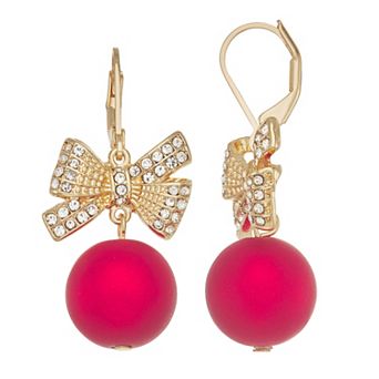 Napier Gold-Tone Bow & Red Ball Ornament Drop Earrings