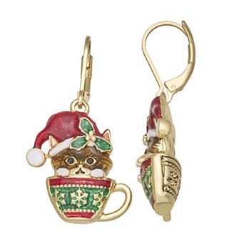 Napier Gold-Tone Enamel Cat Mug Drop Earrings