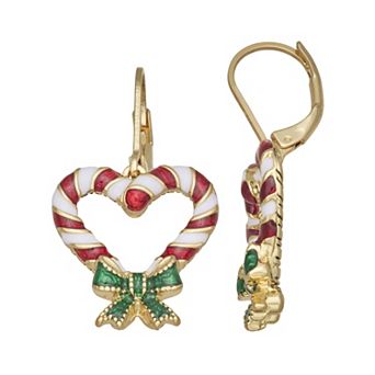 Napier Gold-Tone Enamel Candy Cane Heart Drop Earrings