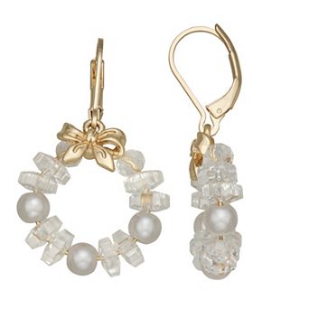 Napier Gold-Tone Bow & Simulated Pearl Wreath Drop Earrings