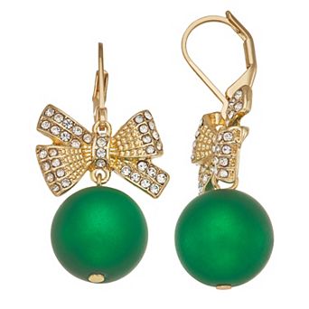 Napier Gold-Tone Bow & Green Ball Ornament Drop Earrings
