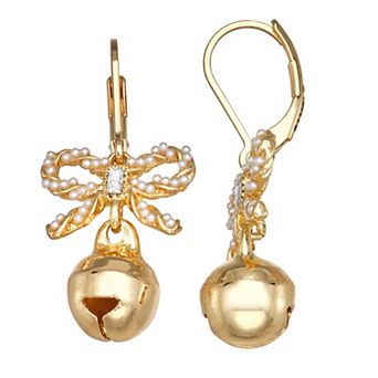 Napier Gold-Tone Simulated Pearl Bow Jingle Bell Leverback Drop Earrings