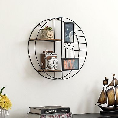 Vintiquewise 2-Tier Decorative Floating Circular Silhouette Wall Shelf with 2 Photo Frames, Black