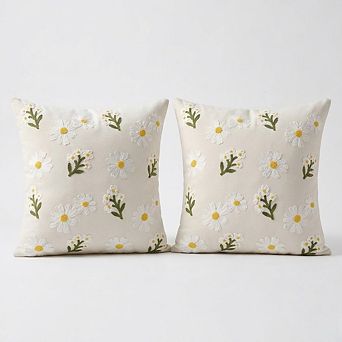 Spring Floral Throw Pillow Covers 18x18 Set of 2 Beige Velvet Embroidered Cushions
