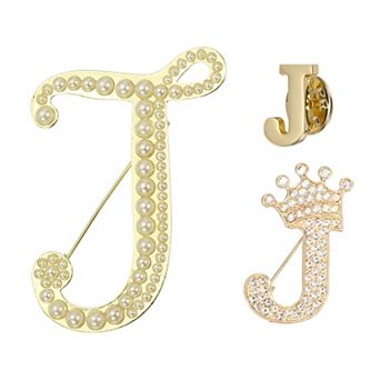 3 pc A-Z Letter Brooch Set, Crown & Pearl Minimalist Initial Rhinestone Lapel Decorative Pin Kit