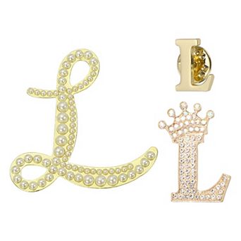 3 pc A-Z Letter Brooch Set, Crown & Pearl Minimalist Initial Rhinestone Lapel Decorative Pin Kit