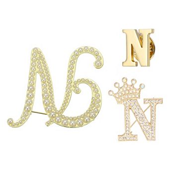 3 pc A-Z Letter Brooch Set, Crown & Pearl Minimalist Initial Rhinestone Lapel Decorative Pin Kit