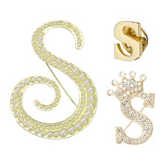 3 pc A-Z Letter Brooch Set, Crown & Pearl Minimalist Initial Rhinestone Lapel Decorative Pin Kit