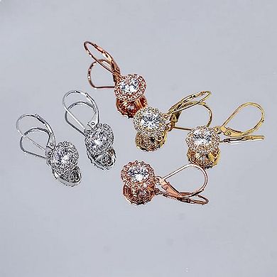 Colored Cubic Zirconia Halo Dangle Leverback Earrings