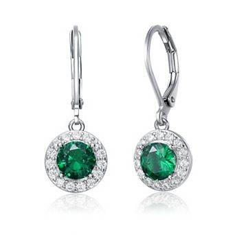 Colored Cubic Zirconia Halo Dangle Leverback Earrings
