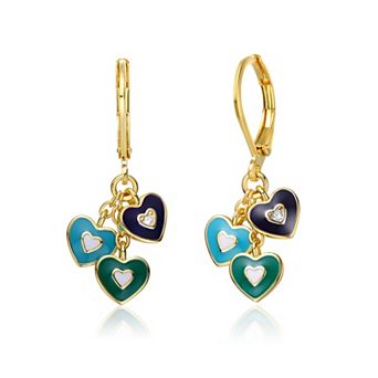 14K Gold Plated Blue Topaz Enamel Trio Dangling Hearts Earrings for Kids
