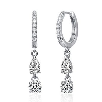 White Gold Plated with Cubic Zirconia Two-Stone Dangle Huggie Earrings