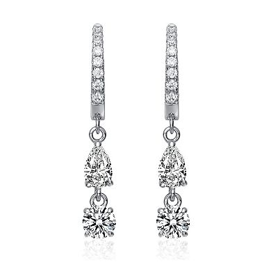 White Gold Plated with Cubic Zirconia Two-Stone Dangle Huggie Earrings
