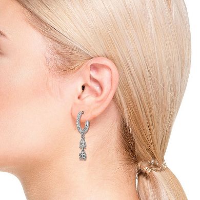 White Gold Plated with Cubic Zirconia Two-Stone Dangle Huggie Earrings