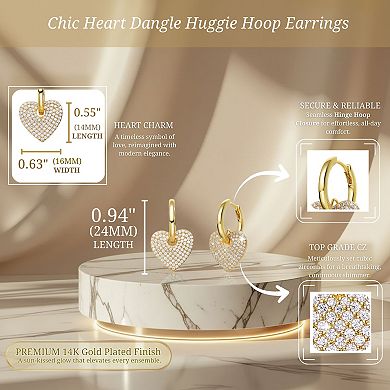 14K Gold Plated with Cubic Zirconia Heart Dangle Infinity Hoop Drop Earrings
