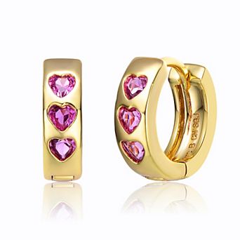 14K Gold Plated with Heart Pink Cubic Zirconia Triple Stone Round Hoop Earrings for Kids/Teens