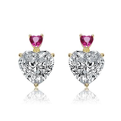 Sterling Silver 14K Gold Plated with Colored Cubic Zirconia Two-Stone Heart Dangle Earrings