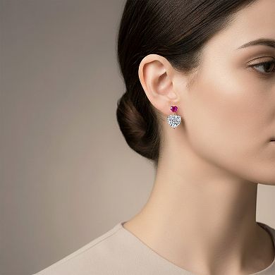 Sterling Silver 14K Gold Plated with Colored Cubic Zirconia Two-Stone Heart Dangle Earrings