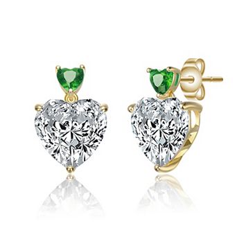 Sterling Silver 14K Gold Plated with Colored Cubic Zirconia Two-Stone Heart Dangle Earrings
