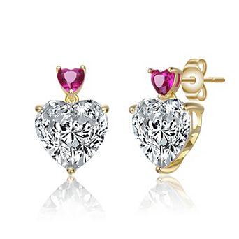 Sterling Silver 14K Gold Plated with Colored Cubic Zirconia Two-Stone Heart Dangle Earrings
