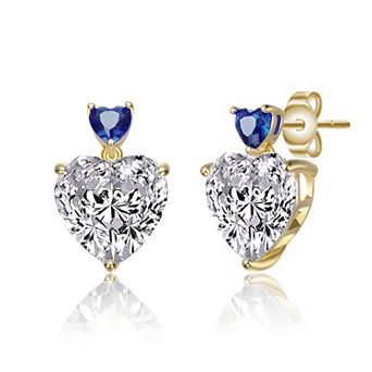 Sterling Silver 14K Gold Plated with Colored Cubic Zirconia Two-Stone Heart Dangle Earrings