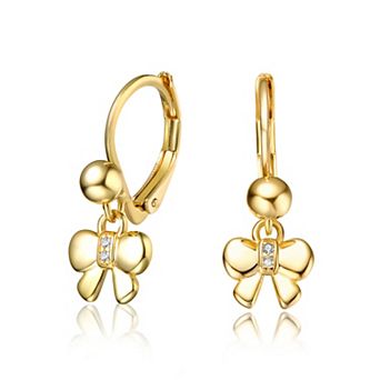 14K Gold Plated Bow Dangling earrings with Cubic Zirconia for Kids