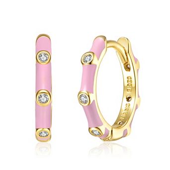 Kids 14K Gold Plated with Colored Enamel and Clear Cubic Zirconia Hoop Earrings