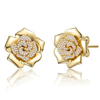 14K Gold Plated with Cubic Zirconia Accents Flower Earrings