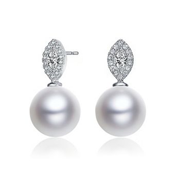 Sterling Silver with White Round Genuine Freshwater Pearl and Cubic Zirconia Drop Earrings