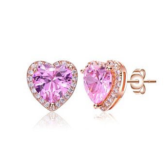 Sterling Silver 18K Rose Plated with Pink Cubic Zirconia Heart Stud Earrings
