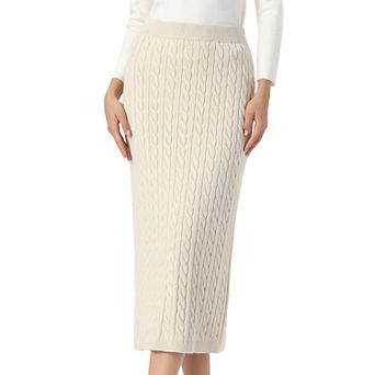 Cable Knit Sweater Skirt for Women's Elastic Waist Straight Ribbed Casual Knit Midi Skirt