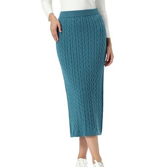 Cable Knit Sweater Skirt for Women's Elastic Waist Straight Ribbed Casual Knit Midi Skirt