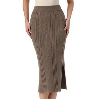 Cable Knit Sweater Skirt for Women's Elastic Waist A-Line Side Slit Casual Ribbed Knit Midi Skirt