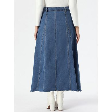 Casual Denim Maxi Skirt for Womens High Waisted Flared Panel Long Jean Skirts